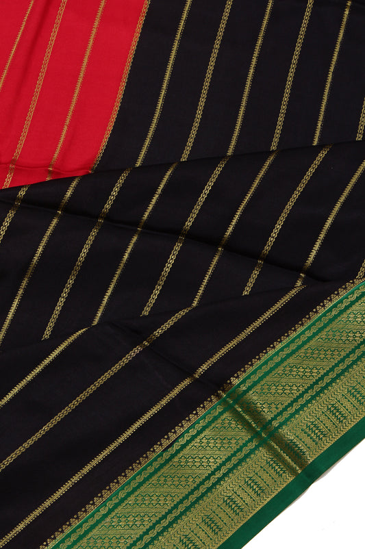 Multi-Color Mysore Silk Saree with Green Gold Zari and Red-Black Stripes