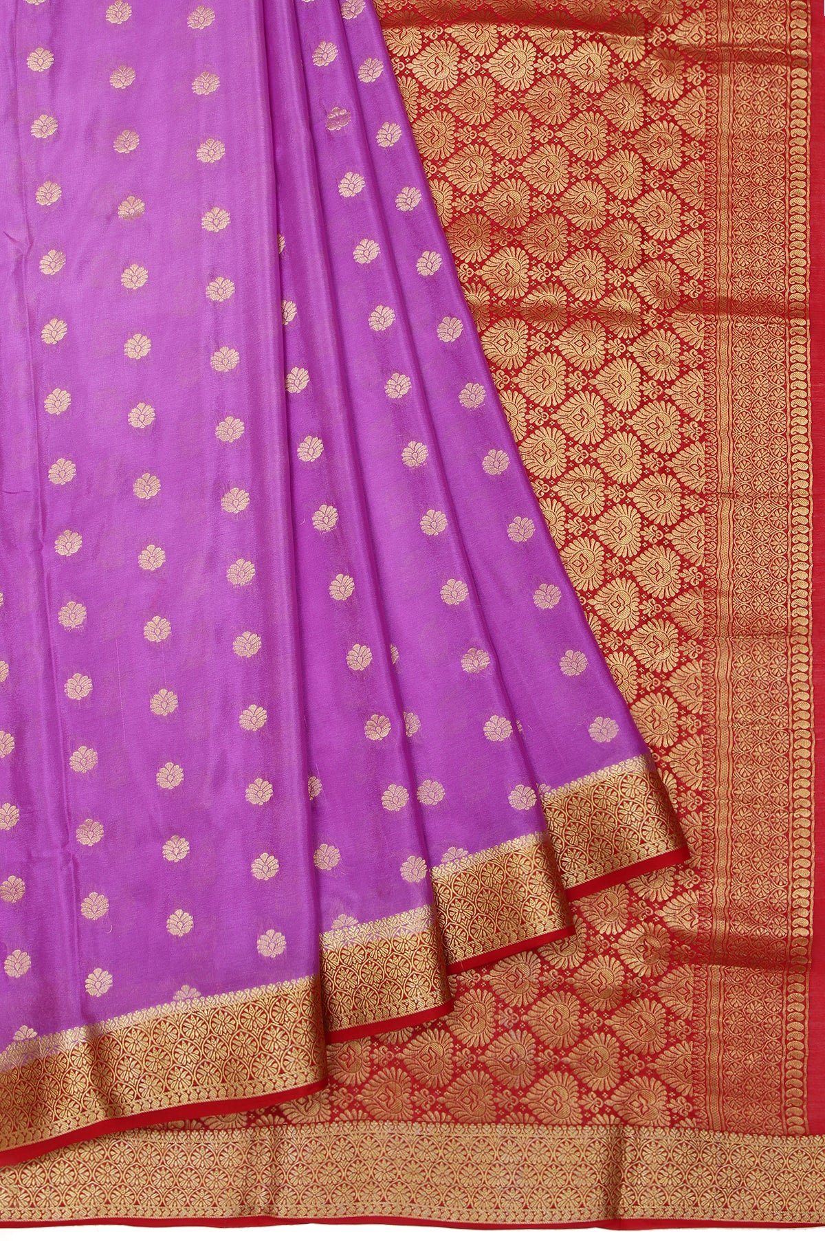 Magenta Mysore Silk Saree with Red Gold Zari and Flower Buttas