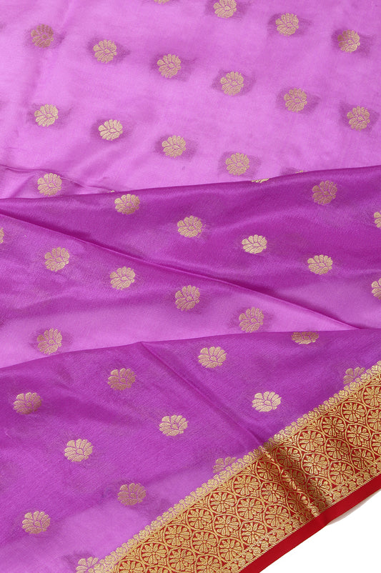 Magenta Mysore Silk Saree with Red Gold Zari and Flower Buttas