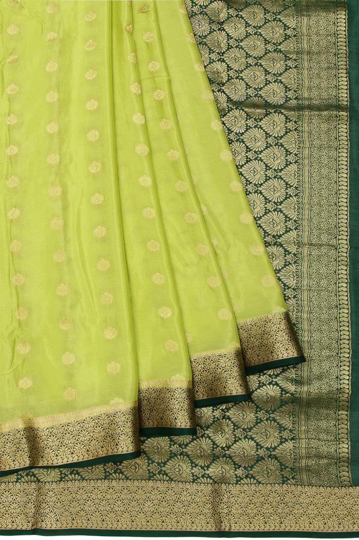 Parrot Green Mysore Silk Saree with Gold Zari Floral and Mango Buttas