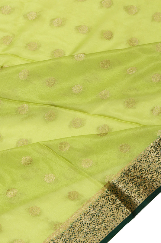 Parrot Green Mysore Silk Saree with Gold Zari Floral and Mango Buttas