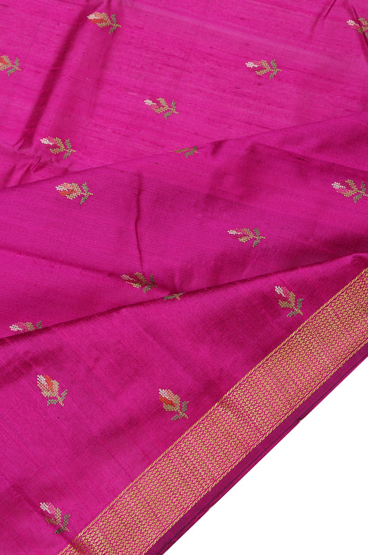 Magenta Tussar Silk Saree - With gold zari diamond jaal and multi-color embroidery.