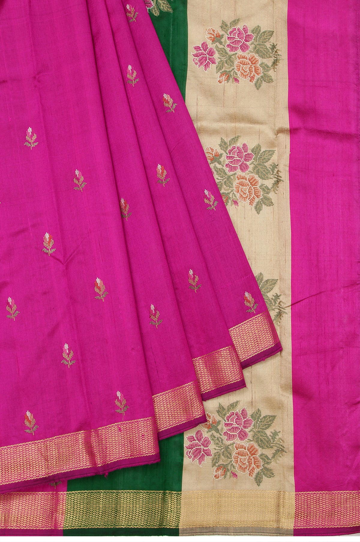 Magenta Tussar Silk Saree - With gold zari diamond jaal and multi-color embroidery.