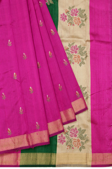 Magenta Tussar Silk Saree - With gold zari diamond jaal and multi-color embroidery.