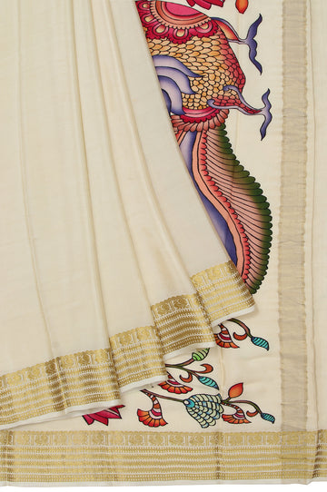 Cream Mysore Silk Saree with Gold Zari Peacock Motif and Twill Design