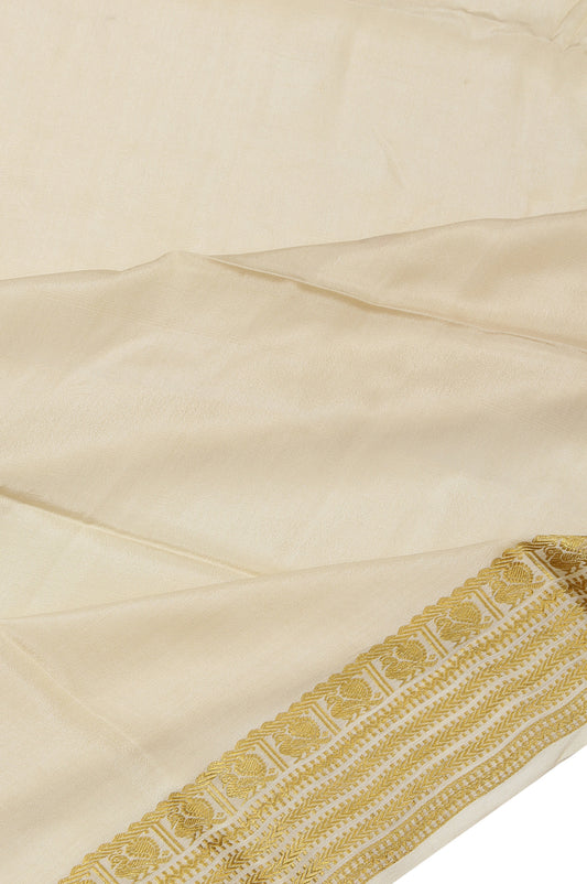 Cream Mysore Silk Saree with Gold Zari Peacock Motif and Twill Design