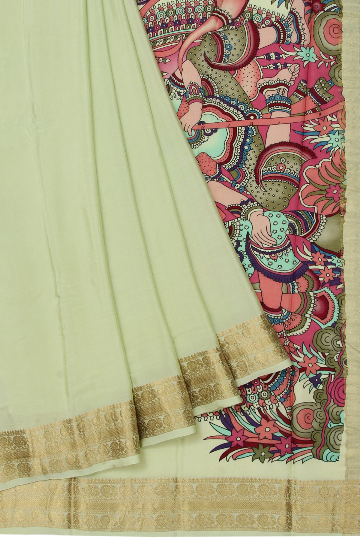 Pista Green Mysore Silk Saree with Gold Zari Peacock and Diamond Buttas