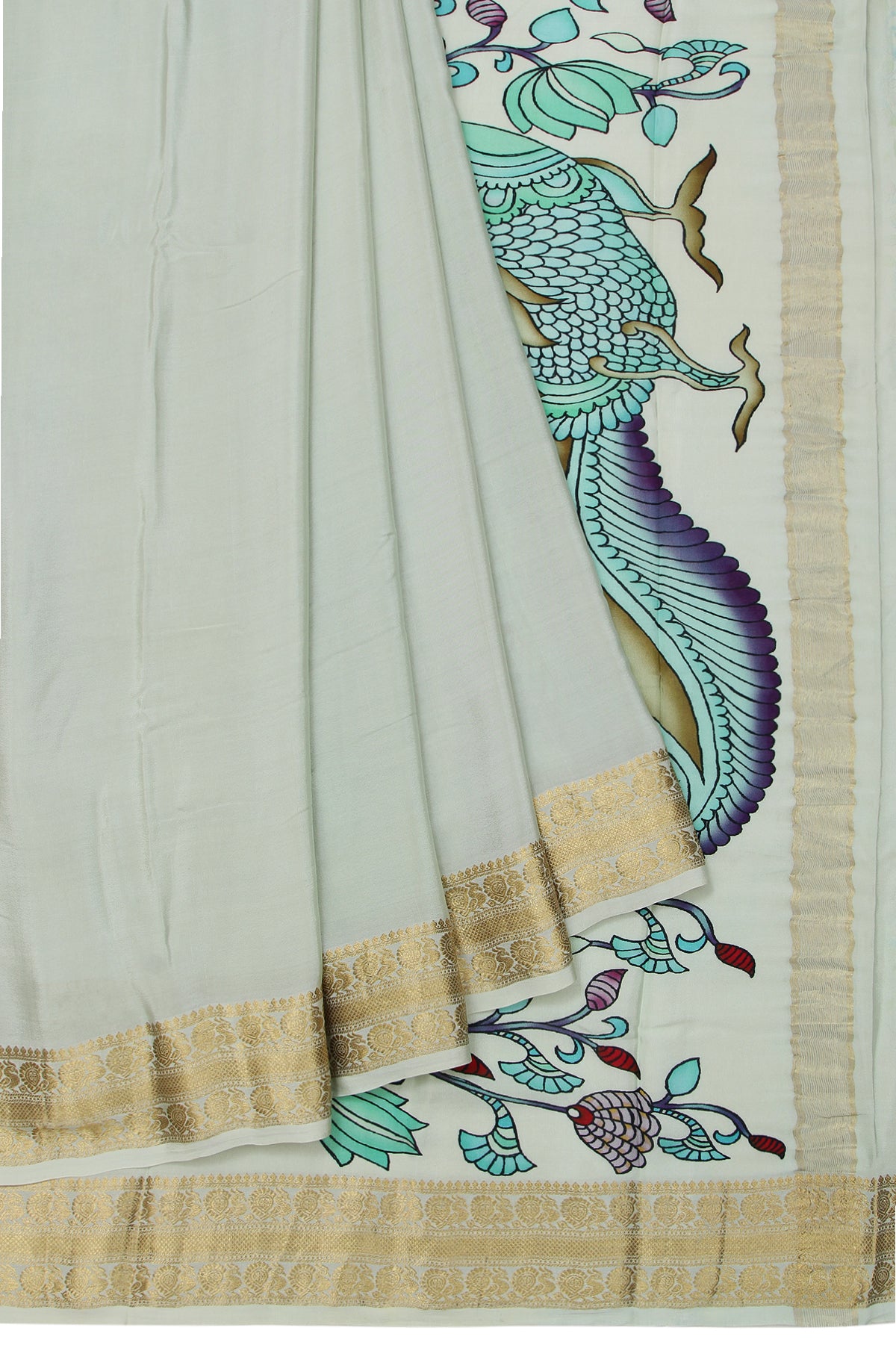 Sea Green Mysore Silk Saree with Gold Zari Peacock Butta