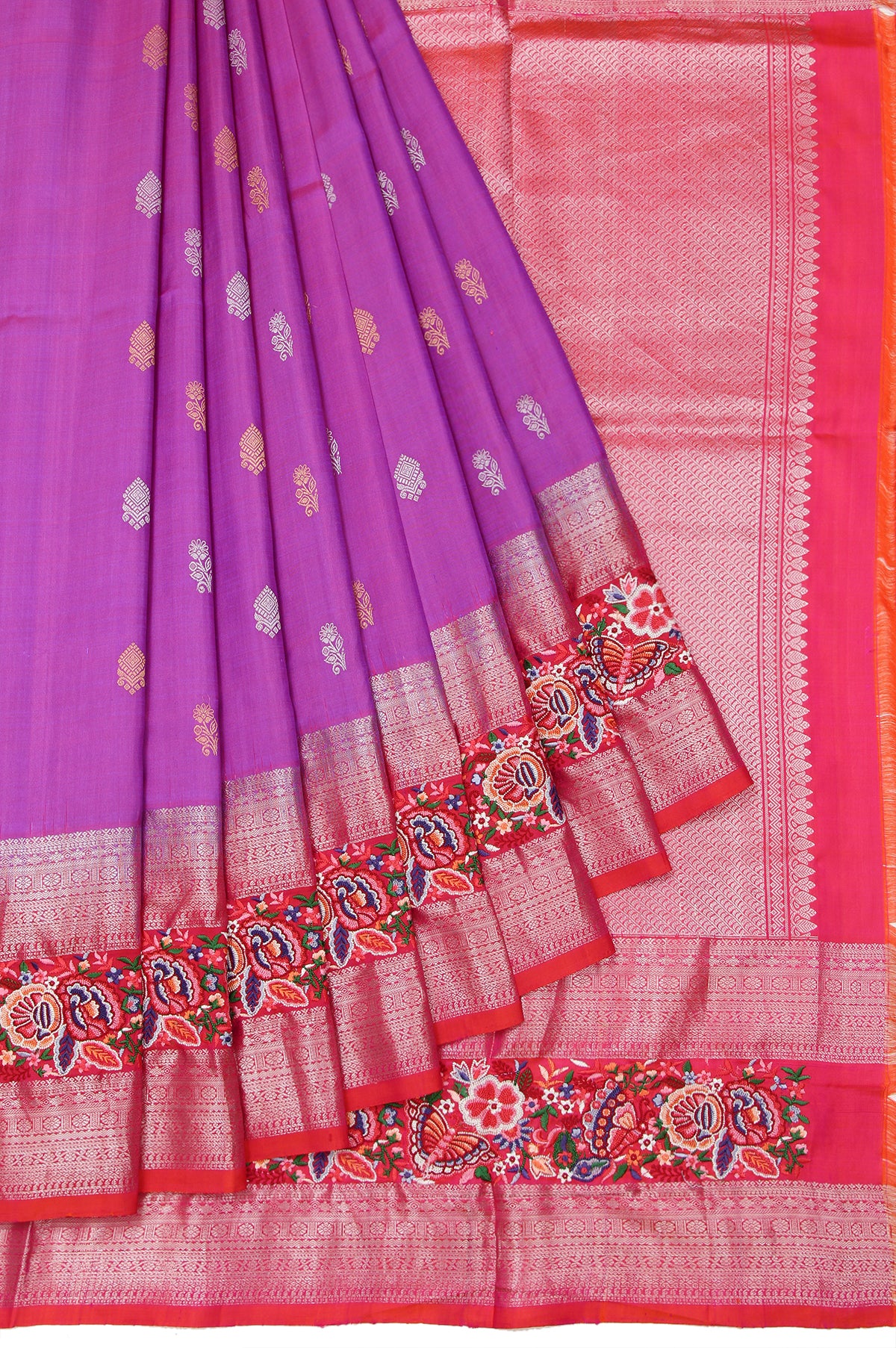 Purple Mysore Silk Saree with Plain Bordered Blouse