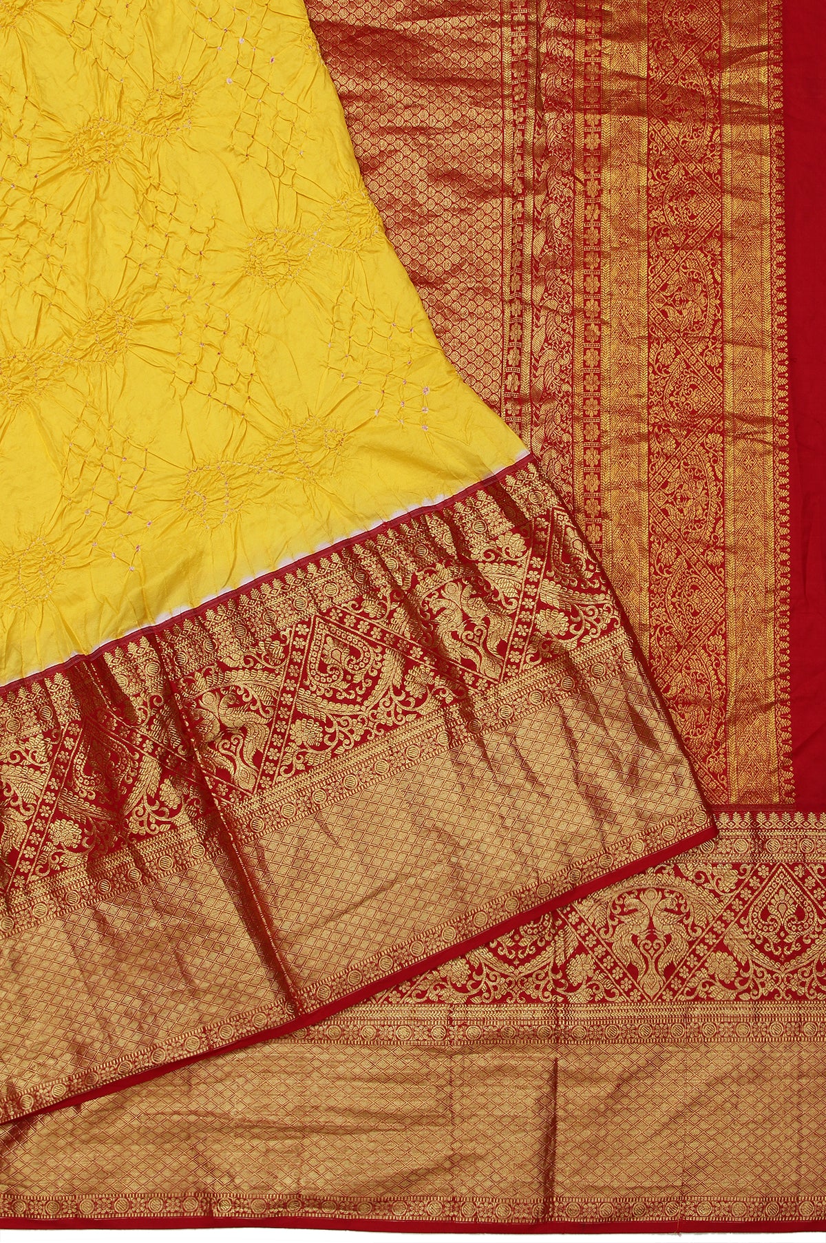 Yellow Bandhani Silk Saree with Peacock Motifs