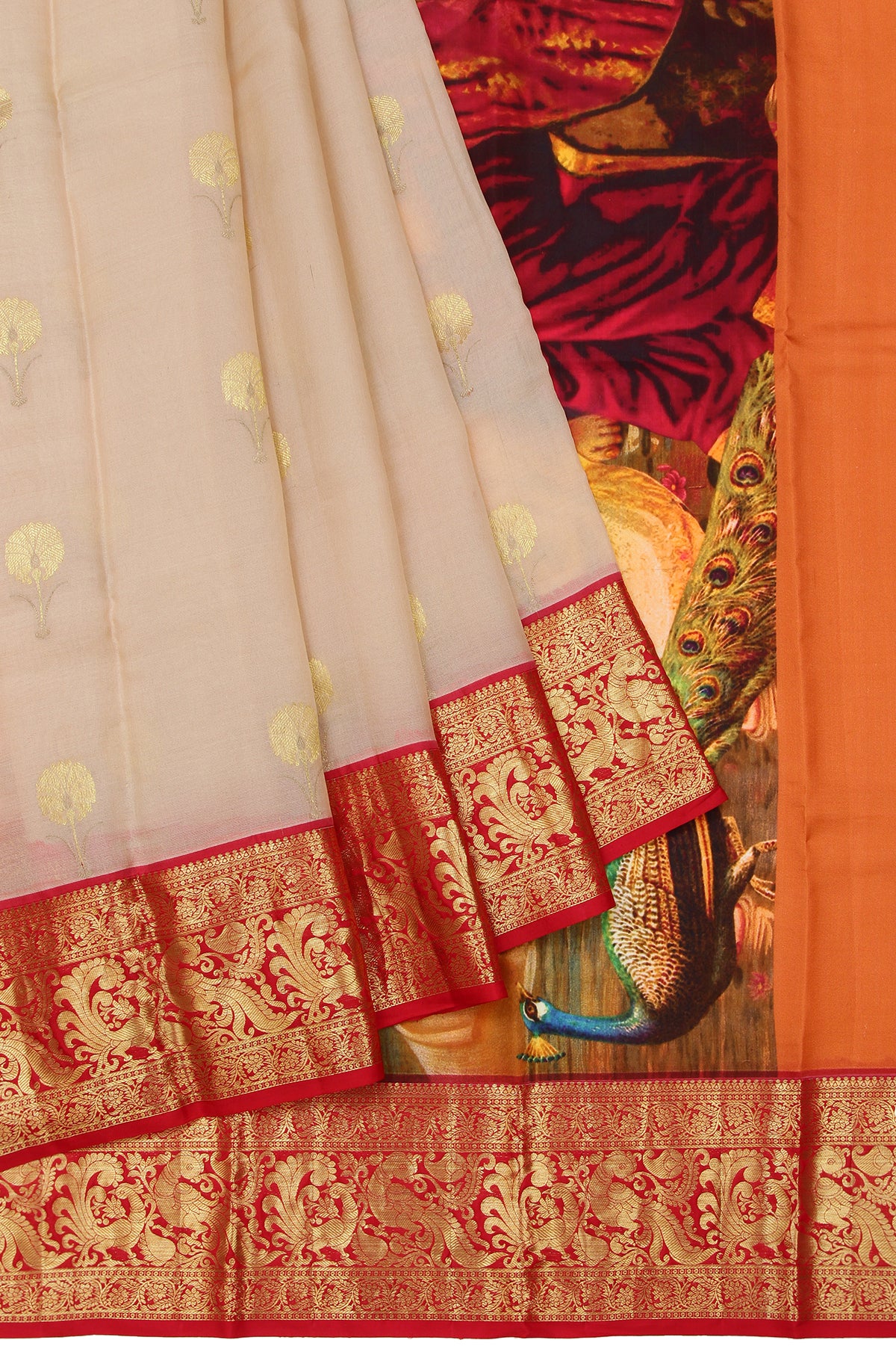 Cream Kanchi Kora Silk Saree with Multicolour Pallu