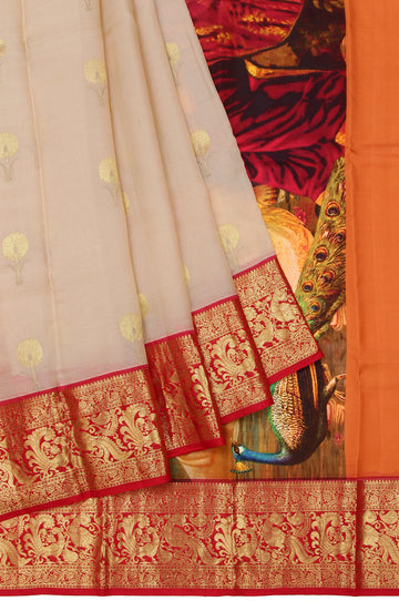 Cream Kanchi Kora Silk Saree with Peacock and Duck Motifs