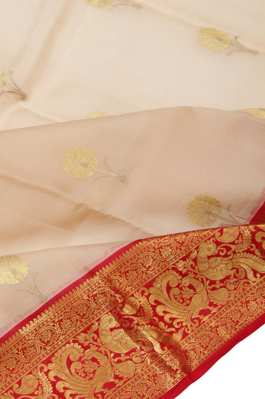 Cream Kanchi Kora Silk Saree with Peacock and Duck Motifs