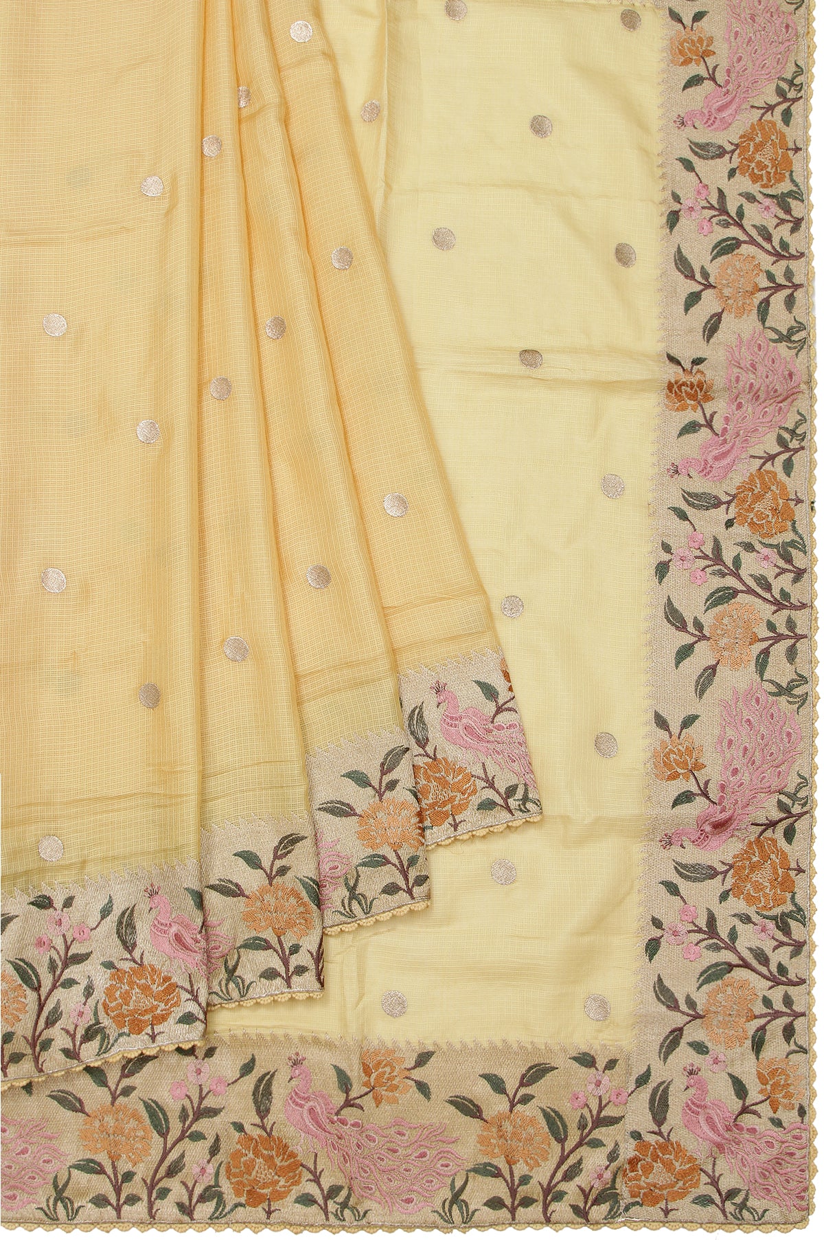 Yellow Kota Silk Saree with Gold Zari Bird and Tree Motifs