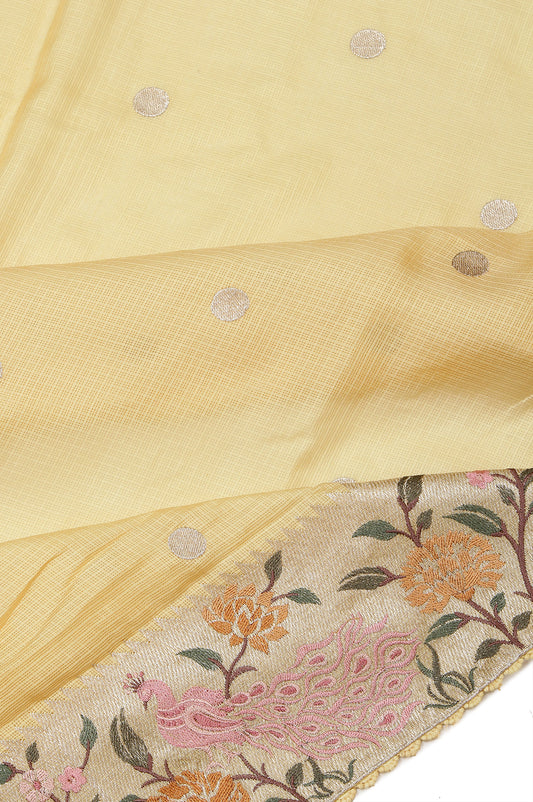 Yellow Kota Silk Saree with Gold Zari Bird and Tree Motifs