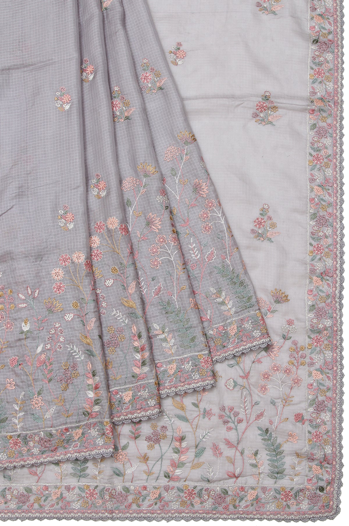 Grey Kota Silk Saree with Thread Work Floral Jaal and Lace