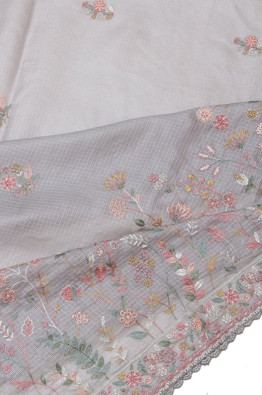 Grey Kota Silk Saree with Thread Work Floral Jaal and Lace