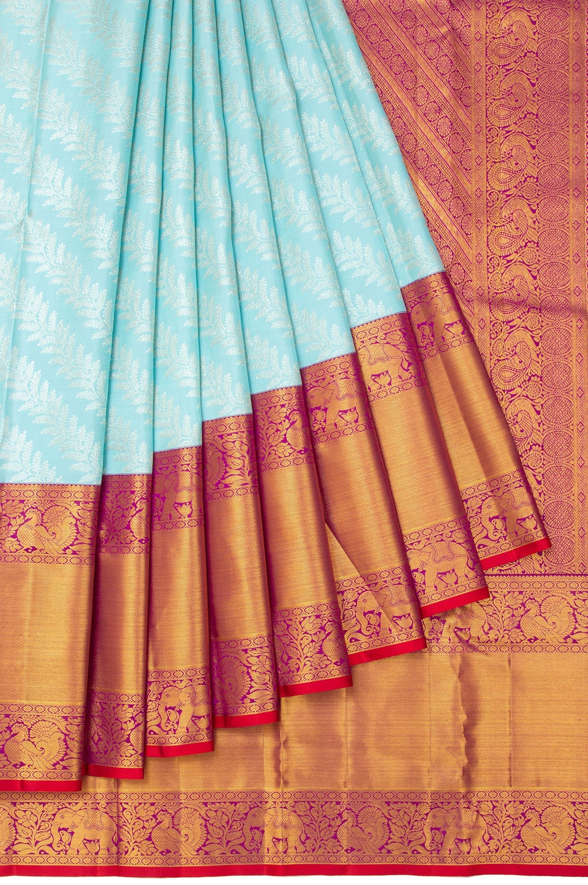 Sea Blue Kanchipuram Silk Saree with Leaf Design