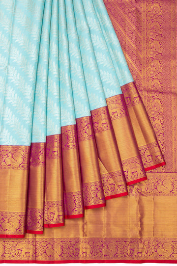 Sea Blue Kanchipuram Silk Saree with Mayil and Yanai Border