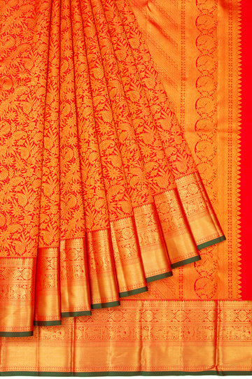 Red Kanchipuram Silk Saree with Mayil and Rudraksha Motifs