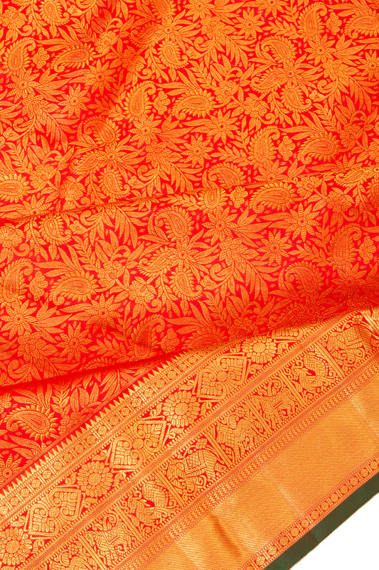 Red Kanchipuram Silk Saree with Mayil and Rudraksha Motifs