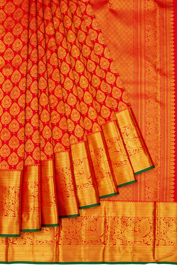 Red Kanchipuram Silk Saree with Mayil and Kaddi Border