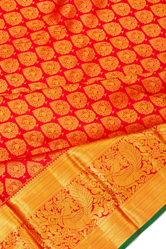 Red Kanchipuram Silk Saree with Mayil and Kaddi Border