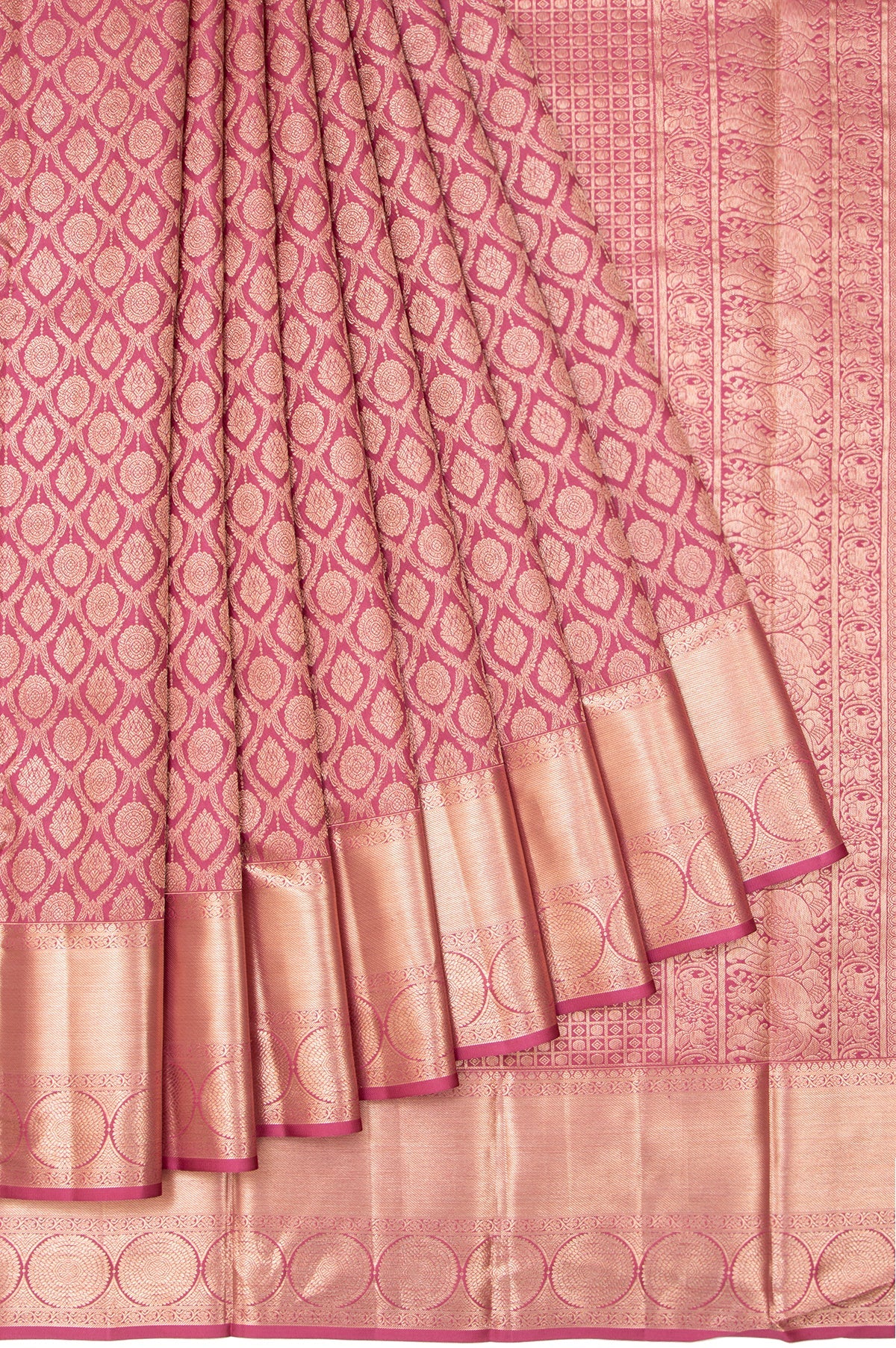 Onion Pink Kanchipuram Silk Saree with Leaf Jaal Work