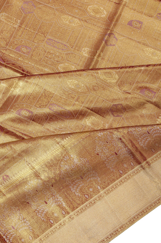 Gold Kanchipuram Tissue Silk Saree with Chevron Patterns and Flower Motifs