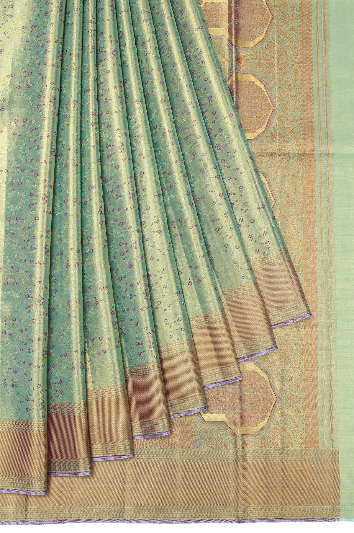 Sea Green Kanchipuram Tissue Silk Saree with Gold Zari Moghul Design and Flower Jaal