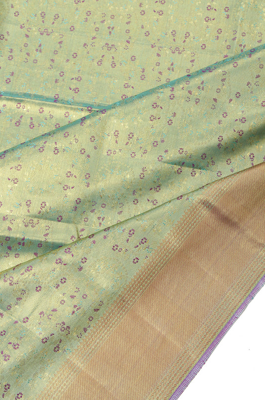 Sea Green Kanchipuram Tissue Silk Saree with Gold Zari Moghul Design and Flower Jaal