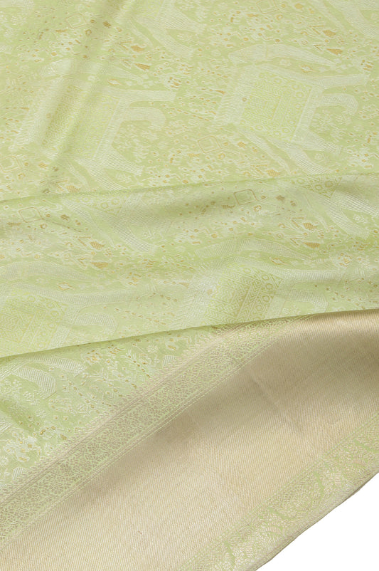 Neon Green Kanchipuram Silk Saree with Silver Zari Rangoli Motifs and Rudraksha Butta