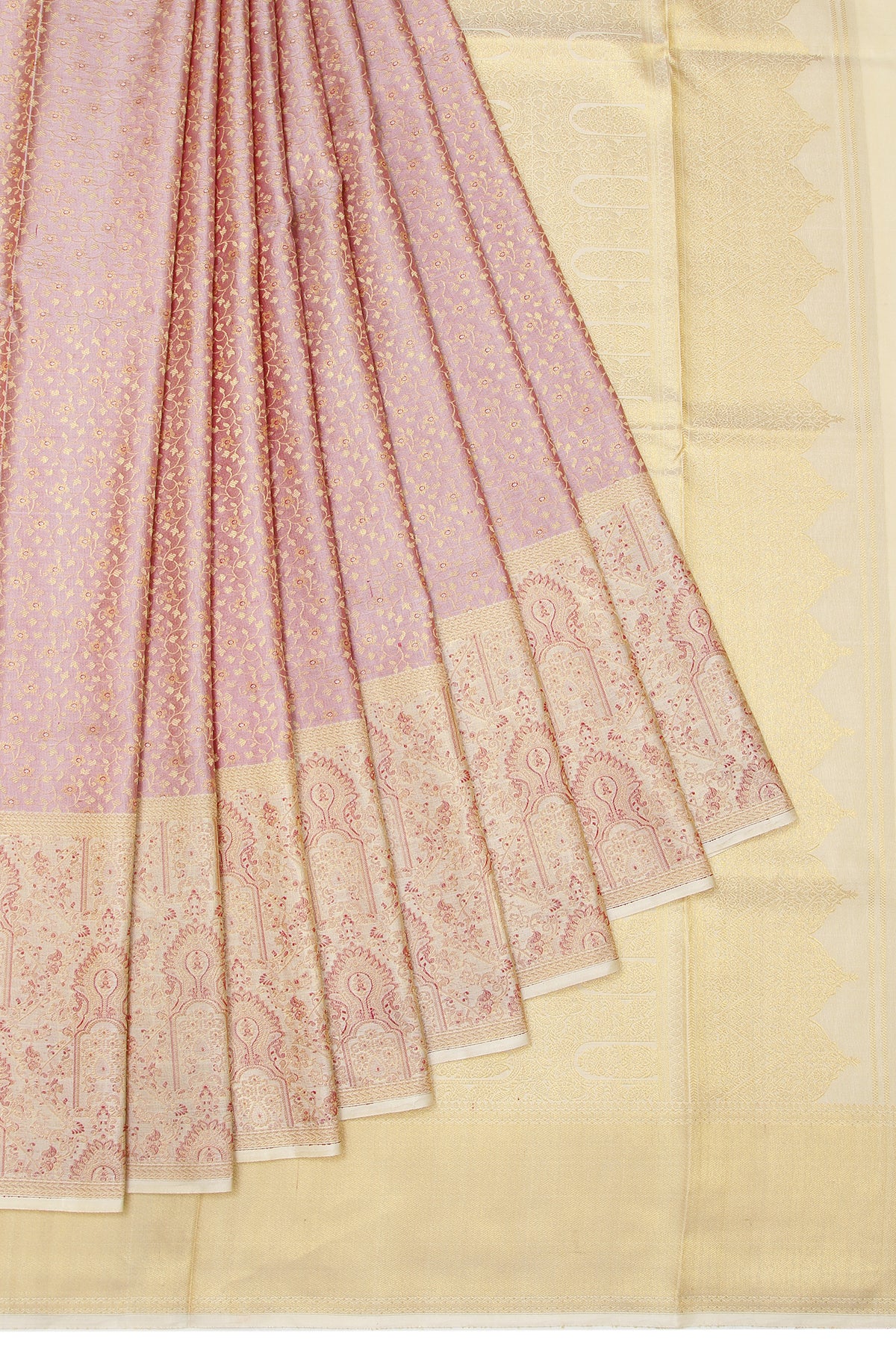 Onion Pink Kanchipuram Silk Saree with Beige Gold Zari Brocade Design