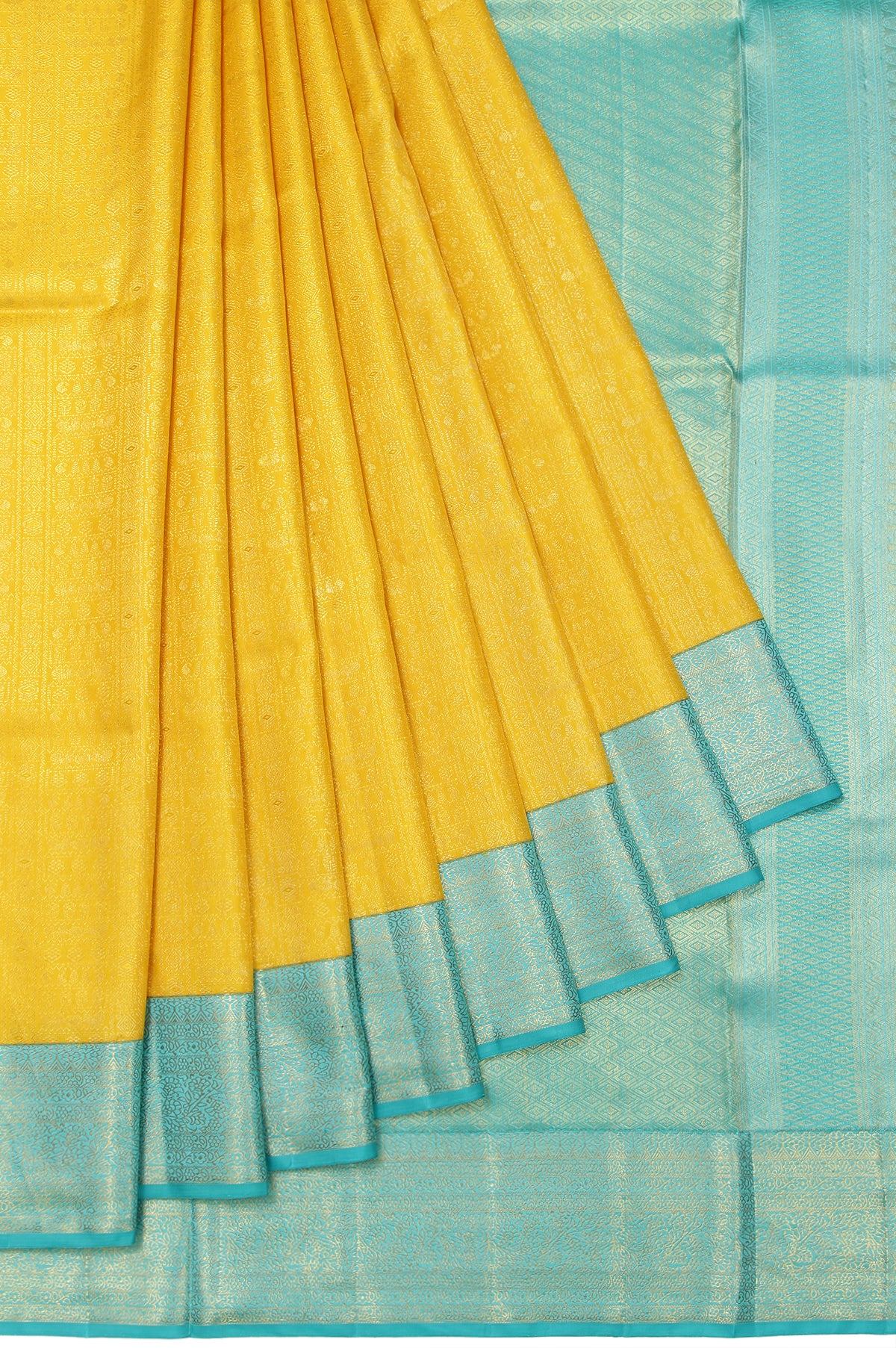 Yellow Kanchipuram Silk Saree with Sea Green Border