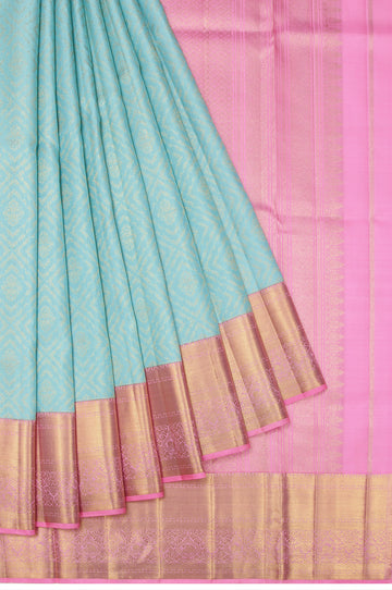 Sky Blue Kanchipuram Silk Saree –Gold Zari Diamond Jaal