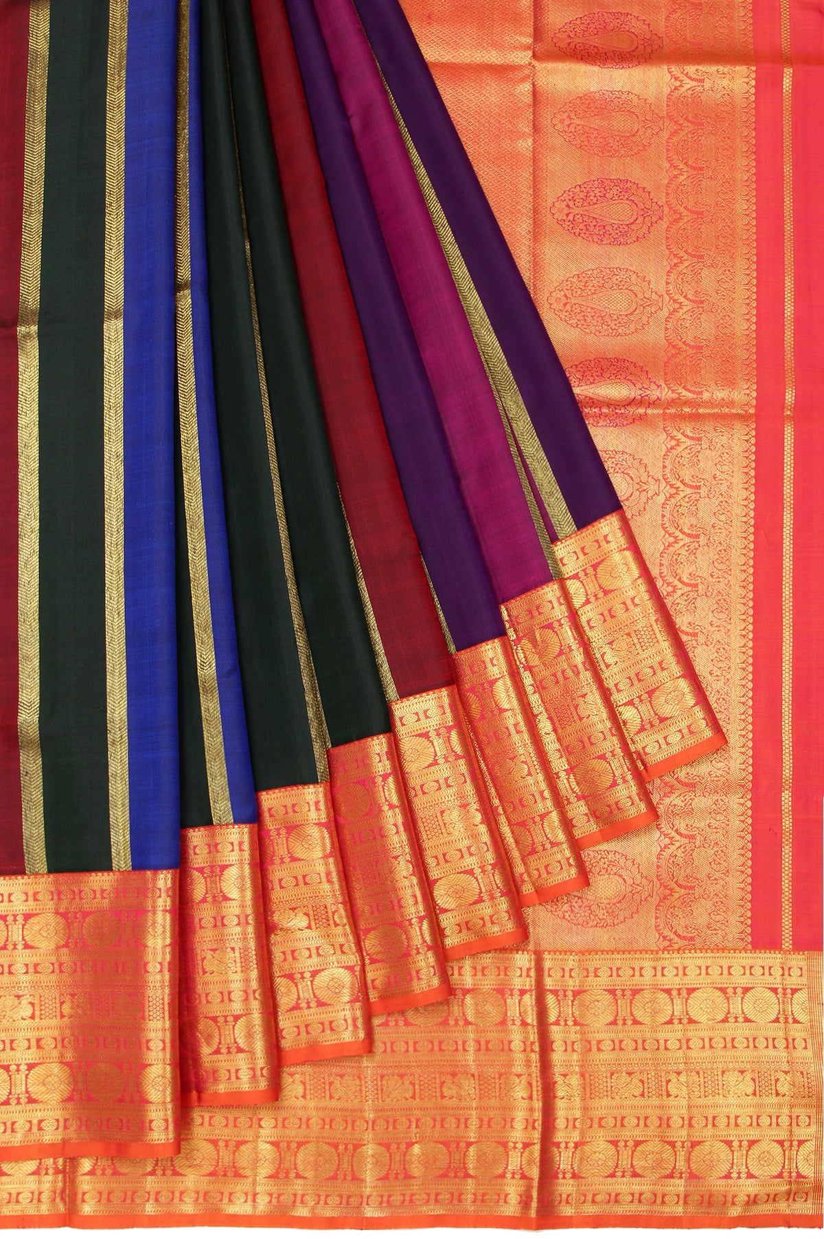 Multi-Colour Kanchipuram Silk Saree with Orange Gold Zari Border