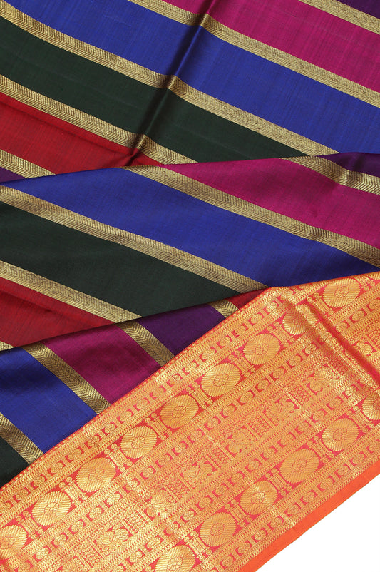 Multi-Colour Kanchipuram Silk Saree with Orange Gold Zari Border