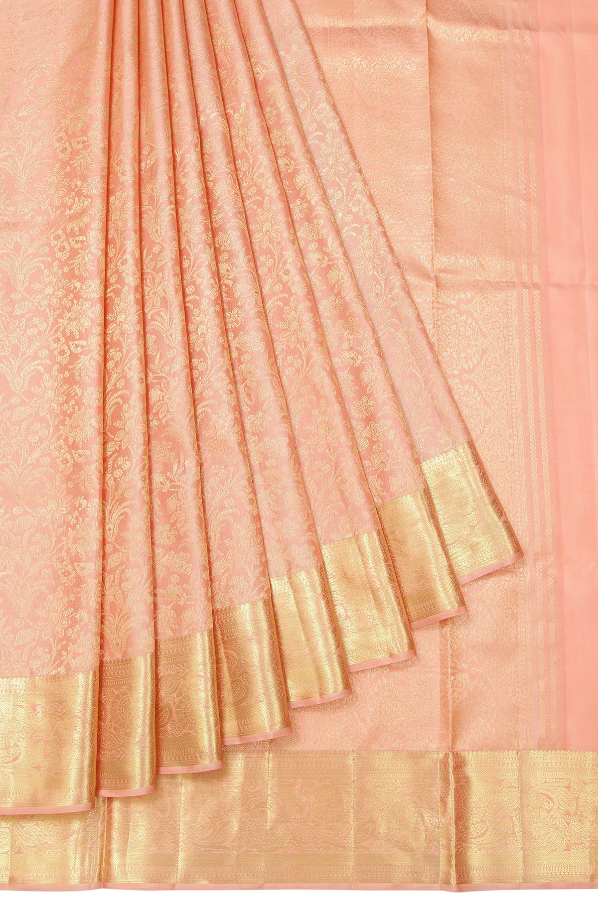 Peach Kanchipuram Silk Saree with Gold Zari Leaf Creeper and Tree Motifs