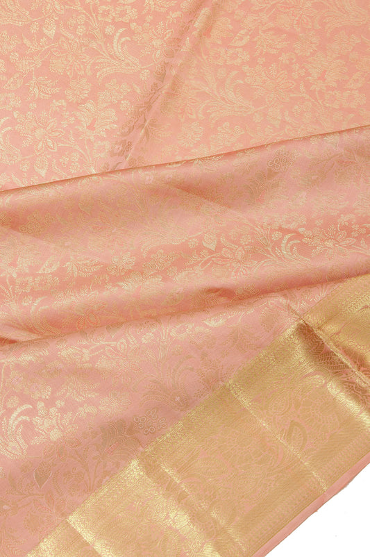 Peach Kanchipuram Silk Saree with Gold Zari Leaf Creeper and Tree Motifs