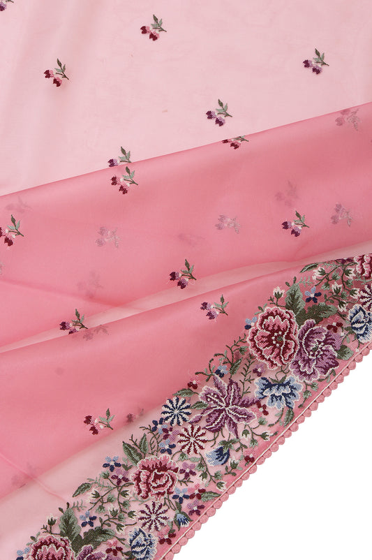 Pink Organza Silk Saree with Thread Flower Buttas