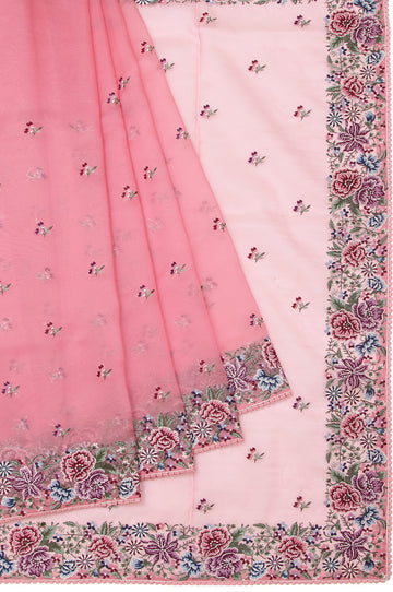 Pink Organza Silk Saree with Thread Flower Buttas