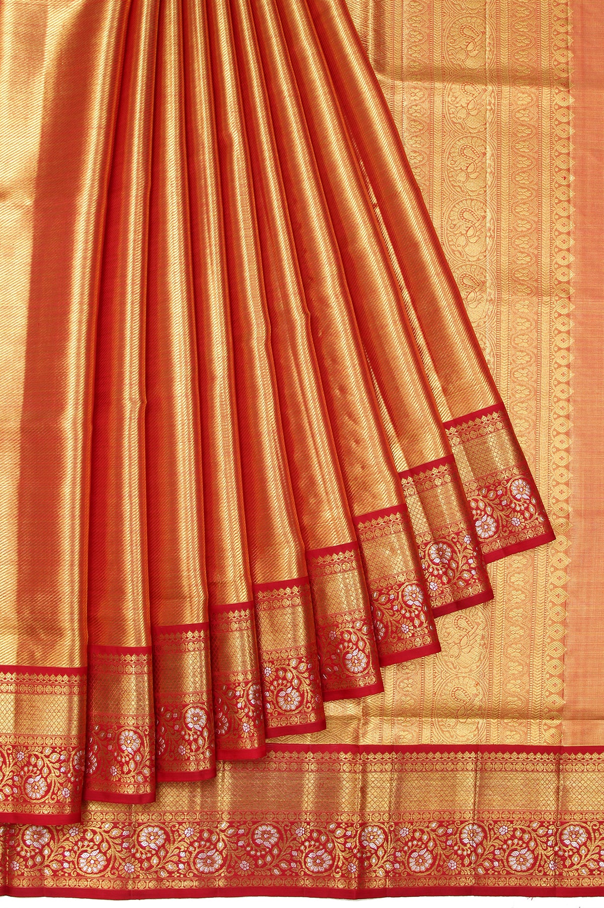 Red Kanchipuram Tissue Silk Saree with Gold Zari Flower Motifs and Diamond Butta