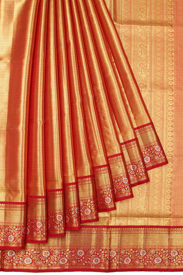 Red Kanchipuram Tissue Silk Saree with Gold Zari Flower Motifs and Diamond Butta