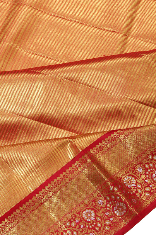 Red Kanchipuram Tissue Silk Saree with Gold Zari Flower Motifs and Diamond Butta