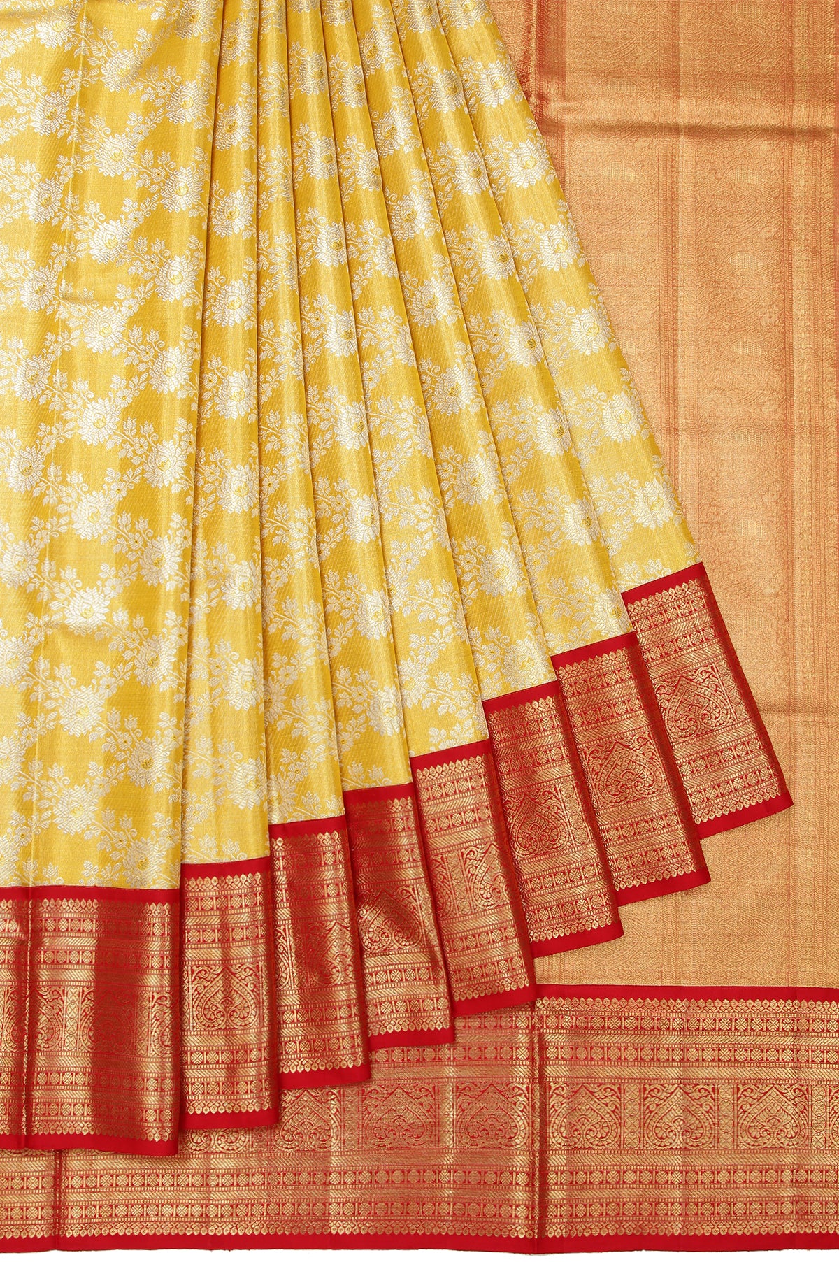 Yellow Kanchipuram Silk Saree with Plain Bordered Blouse