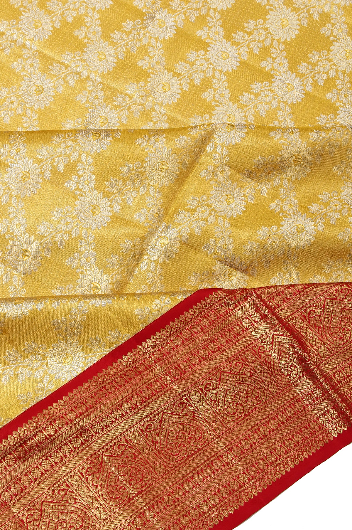 Yellow Kanchipuram Silk Saree with Plain Bordered Blouse