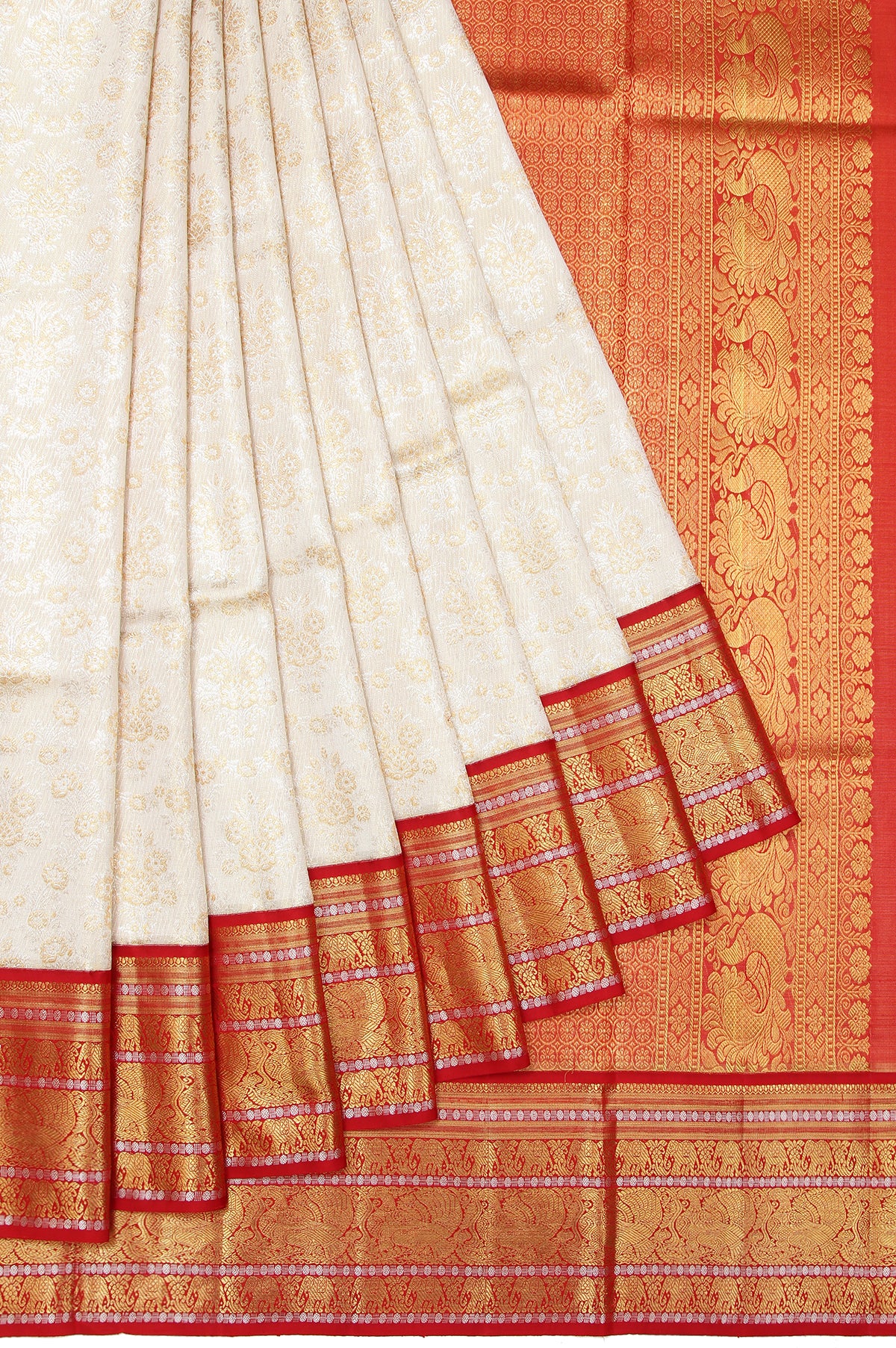 Off White Kanchipuram Silk Saree with Mayil and Yanai Motifs