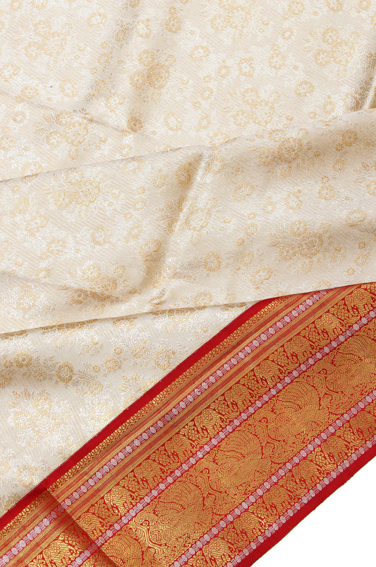 Off White Kanchipuram Silk Saree with Mayil and Yanai Motifs