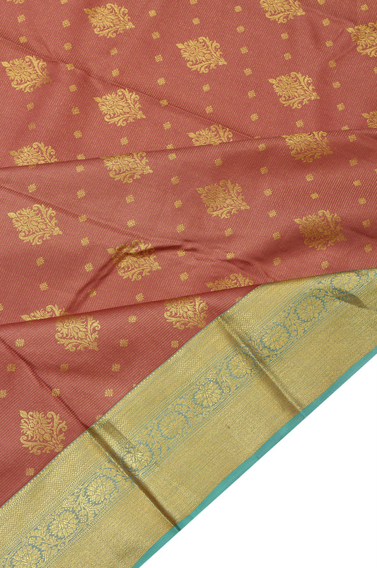 Brown Soft Silk Saree with Sea Green Gold Flower Jaal