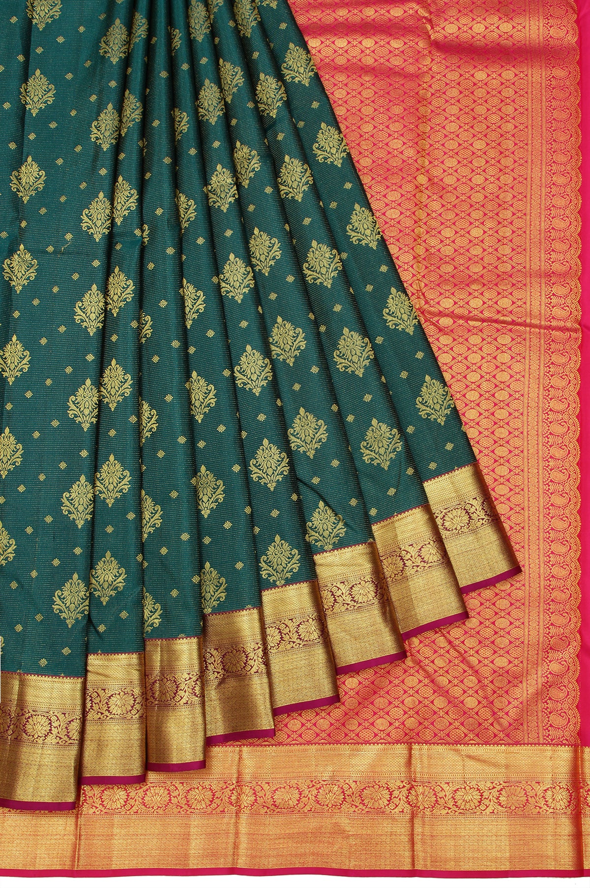 Peacock Green Soft Silk Saree with Pink Gold Buttas